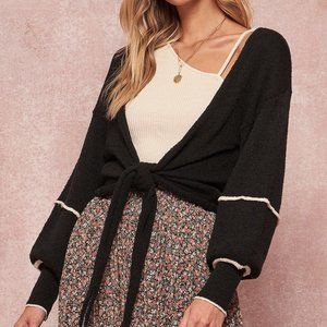 Women's Black Textured Self-tie Closure Long Sleeves Knit Cardigan Sweater NWT